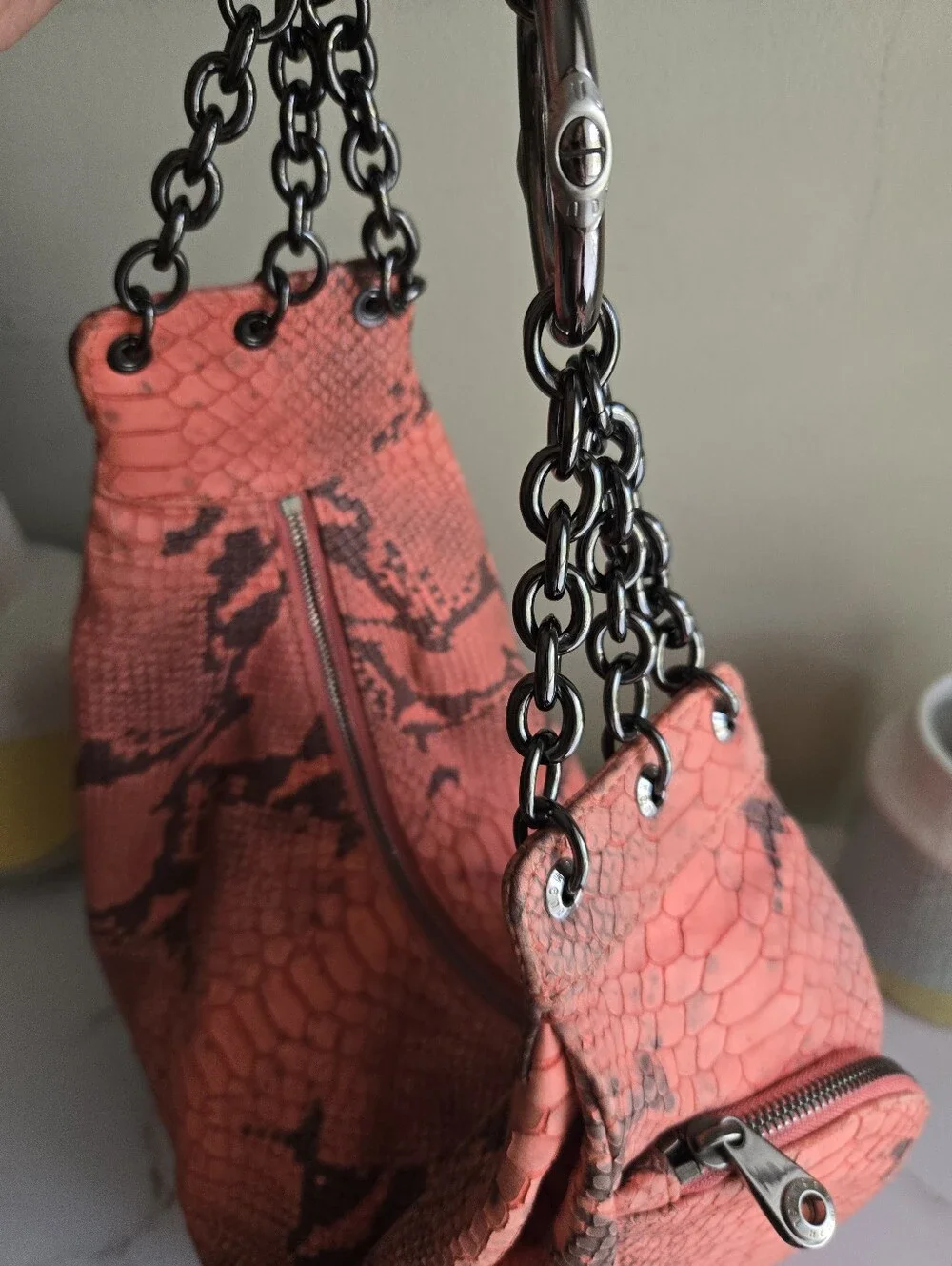 EUC Henri Bendel Snake Print Large Coral Hobo Shoulder Bag With Mirror Charm